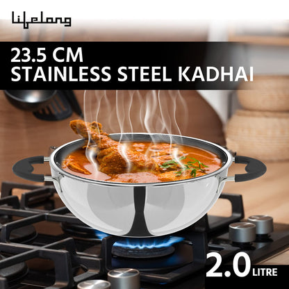 Lifelong 3-Piece Stainless Steel Cookware Set | 2L Kadhai with SS Lid, 1.2L Sauce Pan & Fry Pan | Bakelite Handles | Induction & Gas Compatible (LLSSCK01)