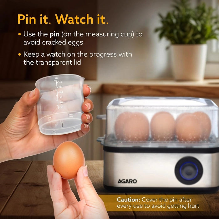AGARO Grand Egg Boiler And Poacher, 2-in1 Boils 8 Eggs, Poach 4 Eggs, Steamed Vegetables, 3 Boiling Types, Stainless Steel Body, Transparent Lid, 500W, Silver