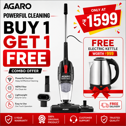 A AGARO Regal Plus 2-in-1 Upright Vacuum Cleaner 800W | Powerful 6.5kPa Suction | Handheld & Stick Vacuum for Home Cleaning | Bagless Design | FREE Electric Kettle Worth ₹999 🎁
