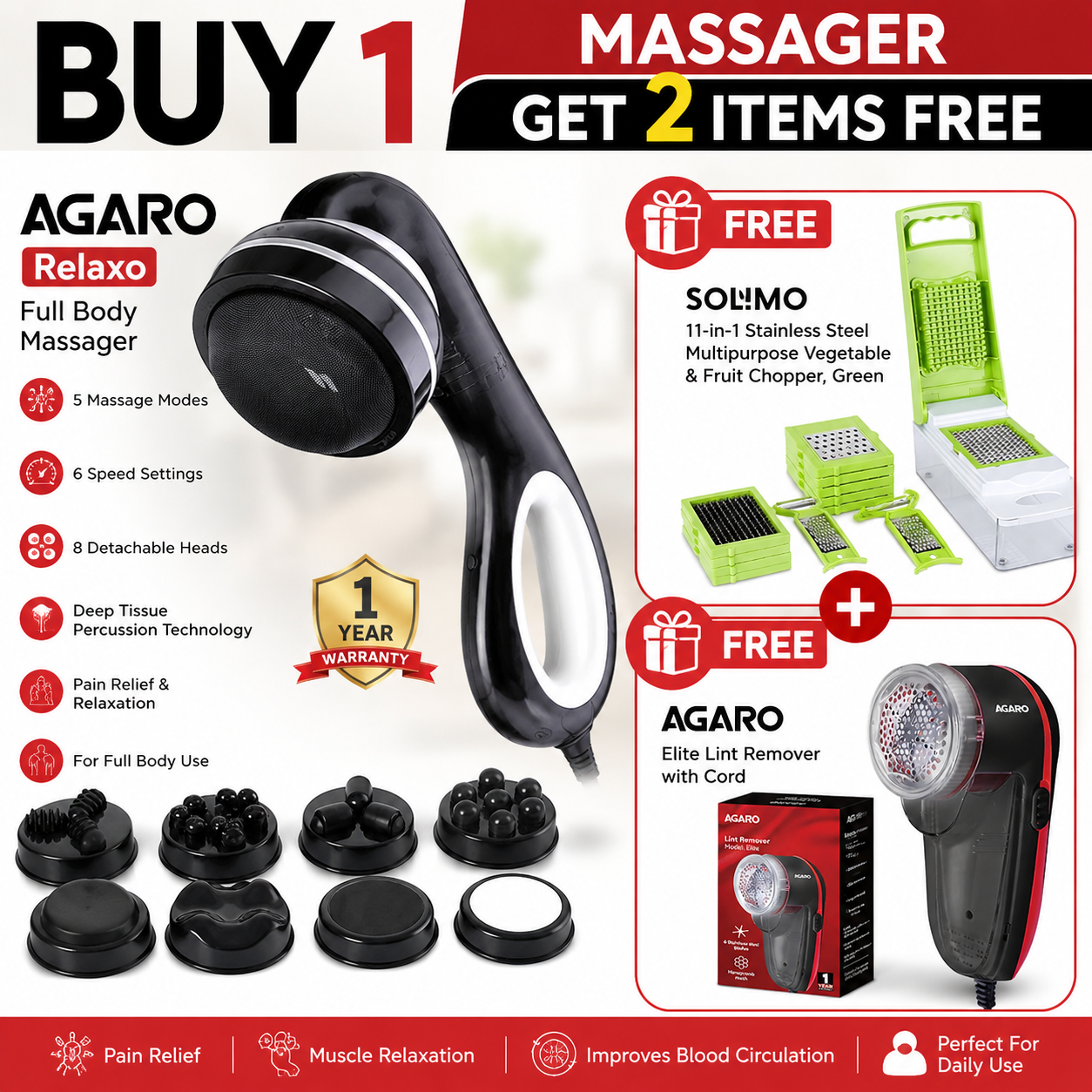 A AGARO Relaxo Full Body Massager Machine | 8 Massage Heads, 5 Modes, 6 Speeds for Back, Neck, Leg & Foot Pain Relief + FREE Solimo 11-in-1 Chopper + FREE AGARO Elite Lint Remover