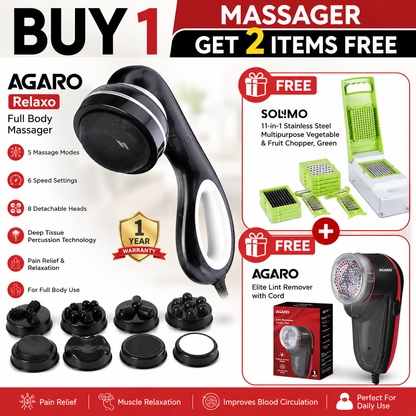 A AGARO Relaxo Full Body Massager Machine | 8 Massage Heads, 5 Modes, 6 Speeds for Back, Neck, Leg & Foot Pain Relief + FREE Solimo 11-in-1 Chopper + FREE AGARO Elite Lint Remover