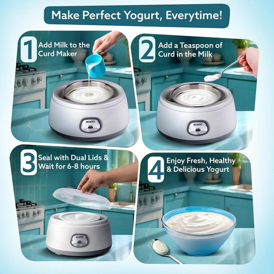 AGARO Classic Portable Yogurt Maker Machine for Home, 1.2L, Electric Probiotic Curd Maker with Auto Temperature Regulation, for Thick Creamy, Consistent Yogurt, 304 SS Container, Grey and White