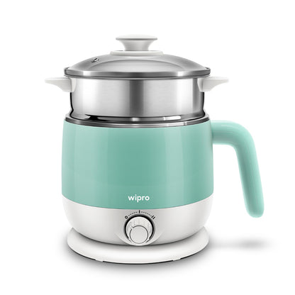 Wipro Elato BK212 Stainless Steel Multi Cooker Kettle 1.5L | Dual Temperature Control | Boil Eggs, Milk, Tea & Steam Veggies | SS304 Rustproof Electric Cooker 600W (Blue)