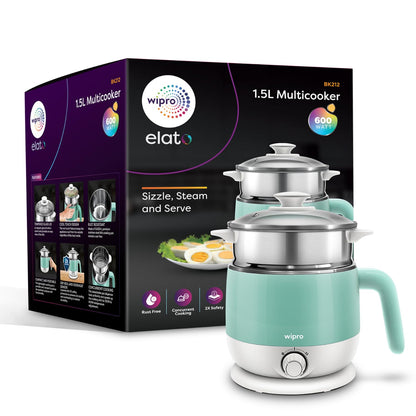Wipro Elato BK212 Stainless Steel Multi Cooker Kettle 1.5L | Dual Temperature Control | Boil Eggs, Milk, Tea & Steam Veggies | SS304 Rustproof Electric Cooker 600W (Blue)