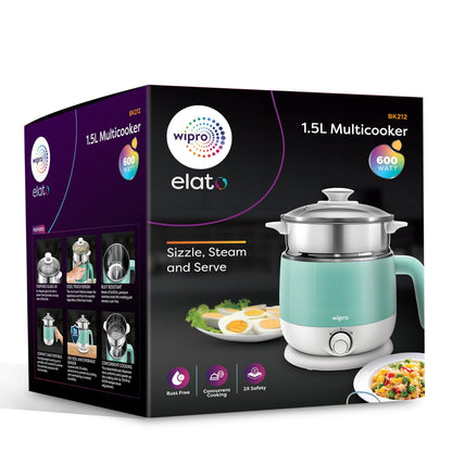 Wipro Elato BK212 Stainless Steel Multi Cooker Kettle 1.5L | Dual Temperature Control | Boil Eggs, Milk, Tea & Steam Veggies | SS304 Rustproof Electric Cooker 600W (Blue)