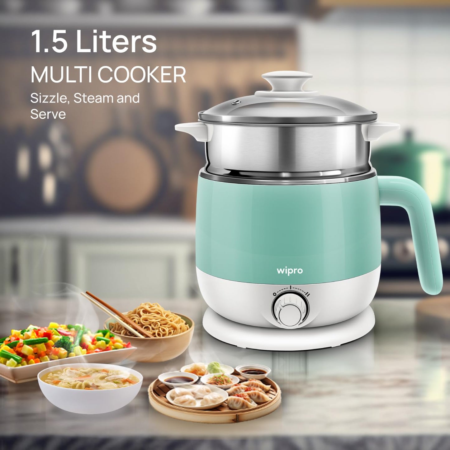 Wipro Elato BK212 Stainless Steel Multi Cooker Kettle 1.5L | Dual Temperature Control | Boil Eggs, Milk, Tea & Steam Veggies | SS304 Rustproof Electric Cooker 600W (Blue)