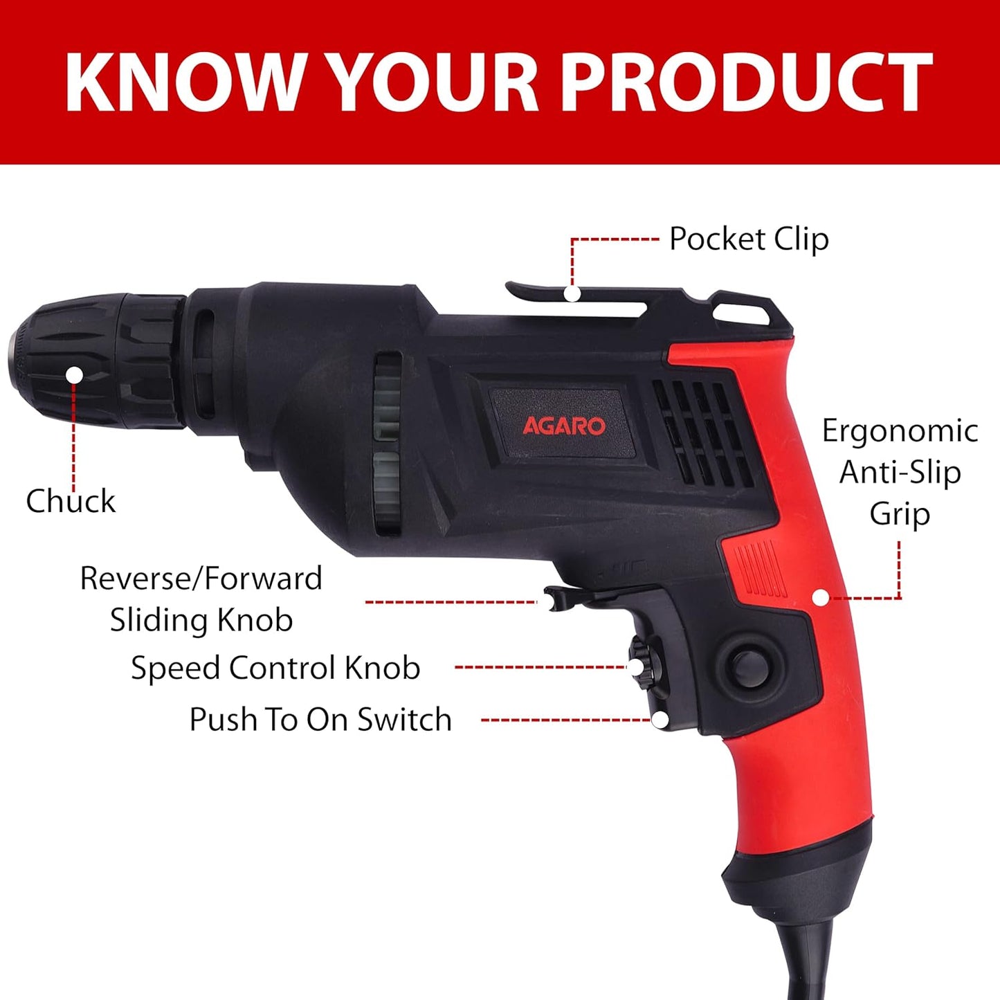 AGARO ED2103 650W Electric Drill Machine | 3300 RPM High-Speed Corded Drill for Home DIY & Professional Use (Red & Black)