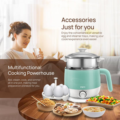Wipro Elato BK212 Stainless Steel Multi Cooker Kettle 1.5L | Dual Temperature Control | Boil Eggs, Milk, Tea & Steam Veggies | SS304 Rustproof Electric Cooker 600W (Blue)
