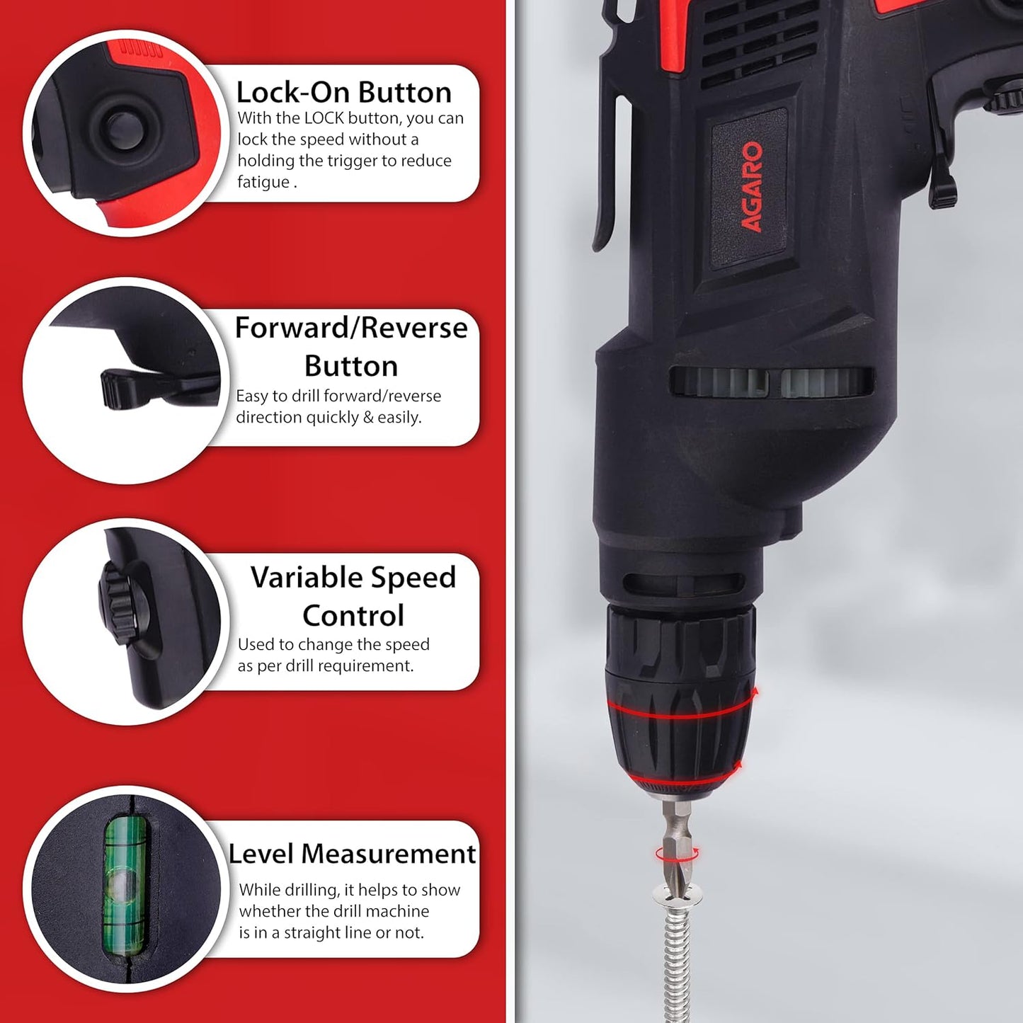 AGARO ED2103 650W Electric Drill Machine | 3300 RPM High-Speed Corded Drill for Home DIY & Professional Use (Red & Black)