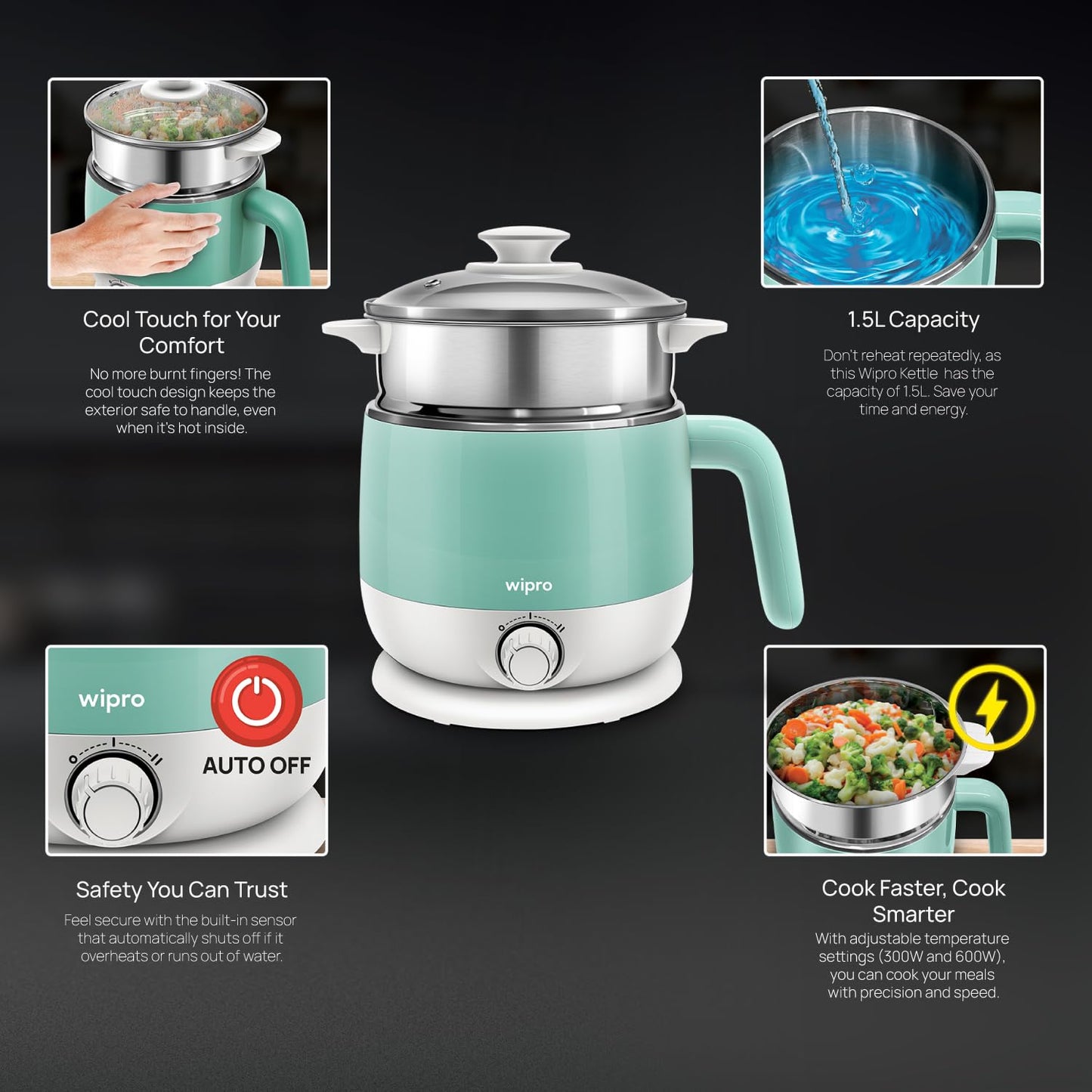 Wipro Elato BK212 Stainless Steel Multi Cooker Kettle 1.5L | Dual Temperature Control | Boil Eggs, Milk, Tea & Steam Veggies | SS304 Rustproof Electric Cooker 600W (Blue)