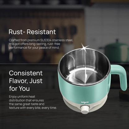 Wipro Elato BK212 Stainless Steel Multi Cooker Kettle 1.5L | Dual Temperature Control | Boil Eggs, Milk, Tea & Steam Veggies | SS304 Rustproof Electric Cooker 600W (Blue)