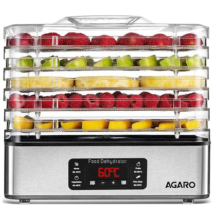 AGARO Regal Food Dehydrator with 5 Stainless Steel Trays | Digital Timer & Adjustable Temperature Control | Fruit, Vegetable & Herb Dryer Machine | Silver | FREE Electric Kettle Worth @999rs