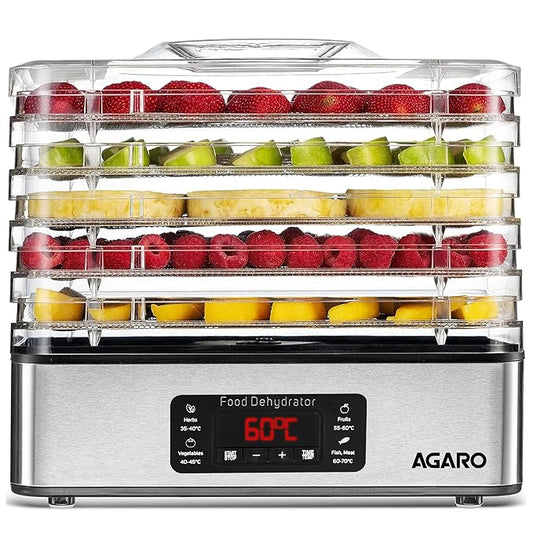 AGARO Regal Food Dehydrator with 5 Stainless Steel Trays | Digital Timer & Adjustable Temperature Control | Fruit, Vegetable & Herb Dryer Machine | Silver | FREE Electric Kettle Worth @999rs