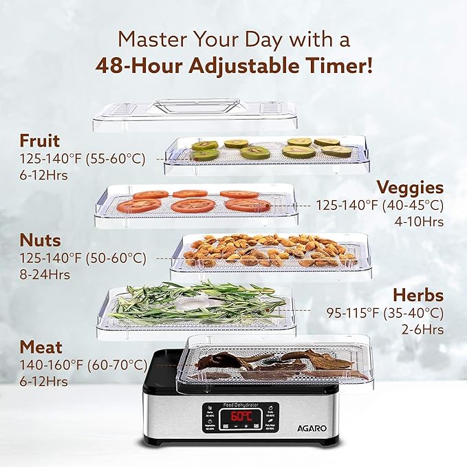 AGARO Regal Food Dehydrator with 5 Stainless Steel Trays | Digital Timer & Adjustable Temperature Control | Fruit, Vegetable & Herb Dryer Machine | Silver | FREE Electric Kettle Worth @999rs