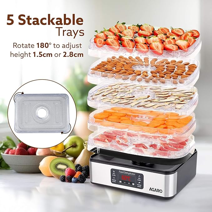AGARO Regal Food Dehydrator with 5 Stainless Steel Trays | Digital Timer & Adjustable Temperature Control | Fruit, Vegetable & Herb Dryer Machine | Silver | FREE Electric Kettle Worth @999rs