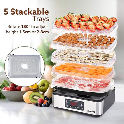 AGARO Regal Food Dehydrator with 5 Stainless Steel Trays | Digital Timer & Adjustable Temperature Control | Fruit, Vegetable & Herb Dryer Machine | Silver | FREE Electric Kettle Worth @999rs