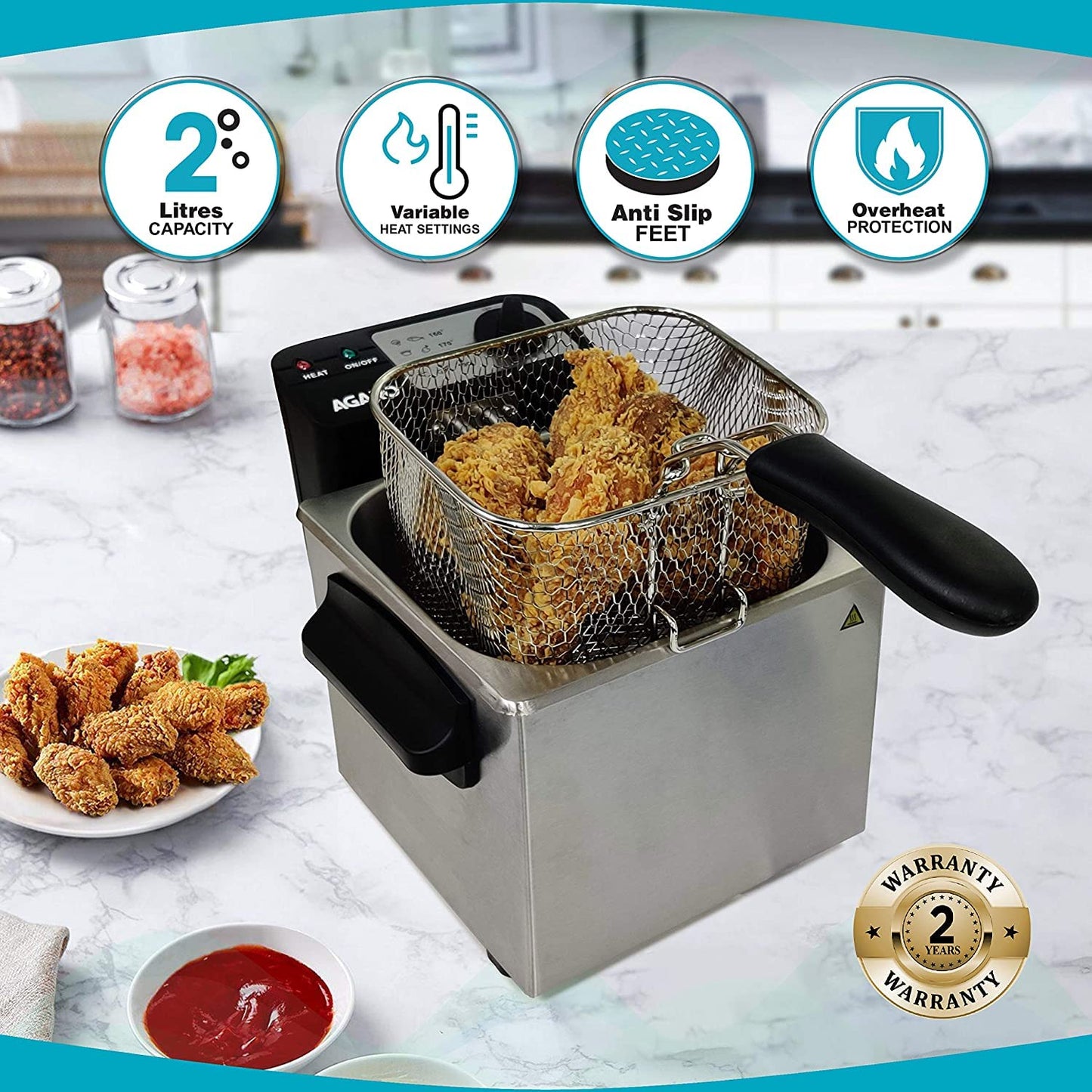 AGARO Marvel 1700W Deep Fryer with 2L Capacity & 3 Temperature Settings – Stainless Steel Deep Fat Fryer for Crispy Fries, Chicken, Snacks & Fast Cooking (Silver)