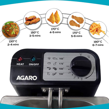 AGARO Marvel 1700W Deep Fryer with 2L Capacity & 3 Temperature Settings – Stainless Steel Deep Fat Fryer for Crispy Fries, Chicken, Snacks & Fast Cooking (Silver)