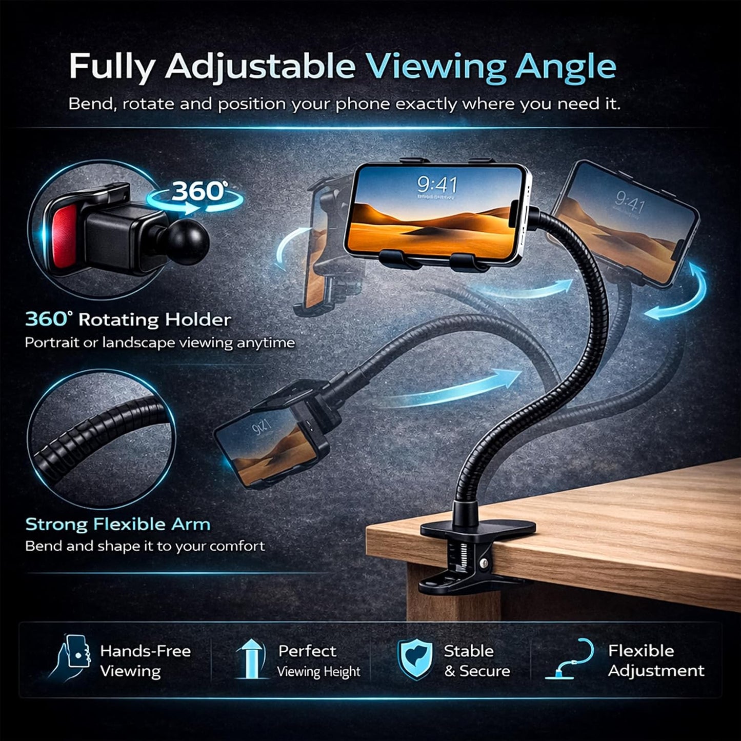 SWAPKART Flexible Mobile Tabletop Stand (2026 Updated) | Heavy Duty Metal Foldable Lazy Bracket | Multi-Angle Clamp Phone Holder (Black)