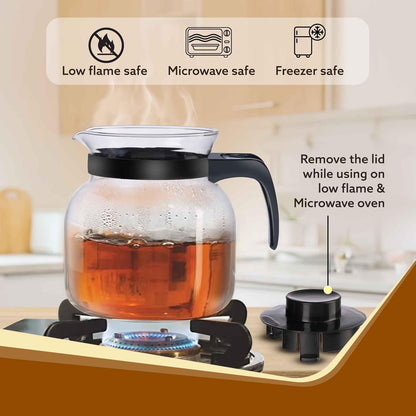 AGARO Elite 1200ml Borosilicate Glass Carafe with Strainer Lid | Microwave Safe, Heat Resistant, Transparent Glass Kettle