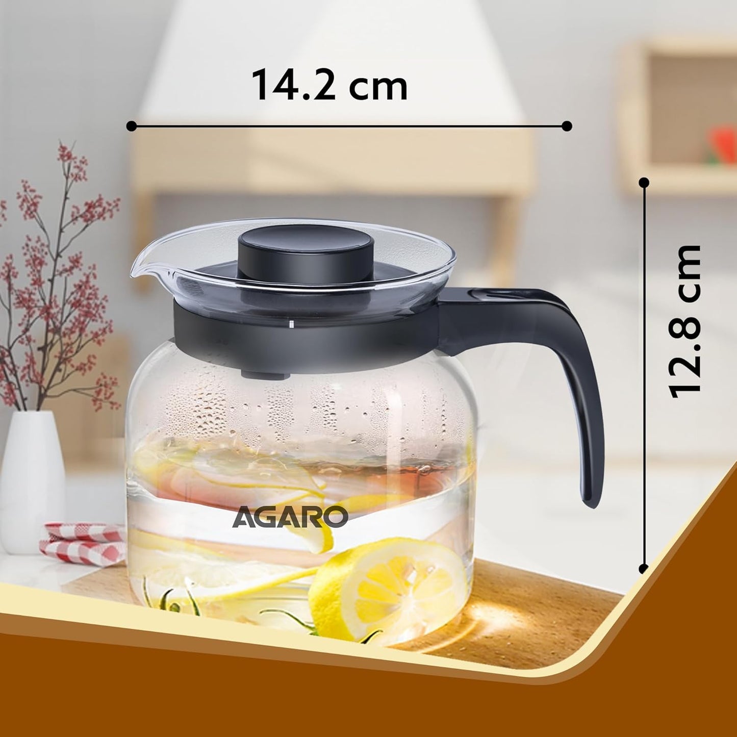 AGARO Elite 1200ml Borosilicate Glass Carafe with Strainer Lid | Microwave Safe, Heat Resistant, Transparent Glass Kettle