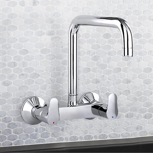 Kohler July Wall Mounted Kitchen Faucet – Polished Chrome Brass Sink Mixer with 360° Swivel High-Arc Spout & Dual Lever Hot/Cold Control