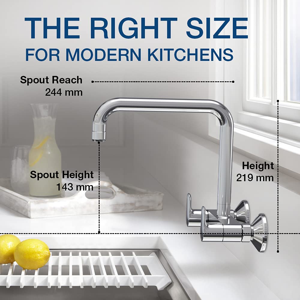 Kohler July Wall Mounted Kitchen Faucet – Polished Chrome Brass Sink Mixer with 360° Swivel High-Arc Spout & Dual Lever Hot/Cold Control