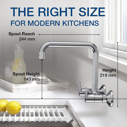 Kohler July Wall Mounted Kitchen Faucet – Polished Chrome Brass Sink Mixer with 360° Swivel High-Arc Spout & Dual Lever Hot/Cold Control