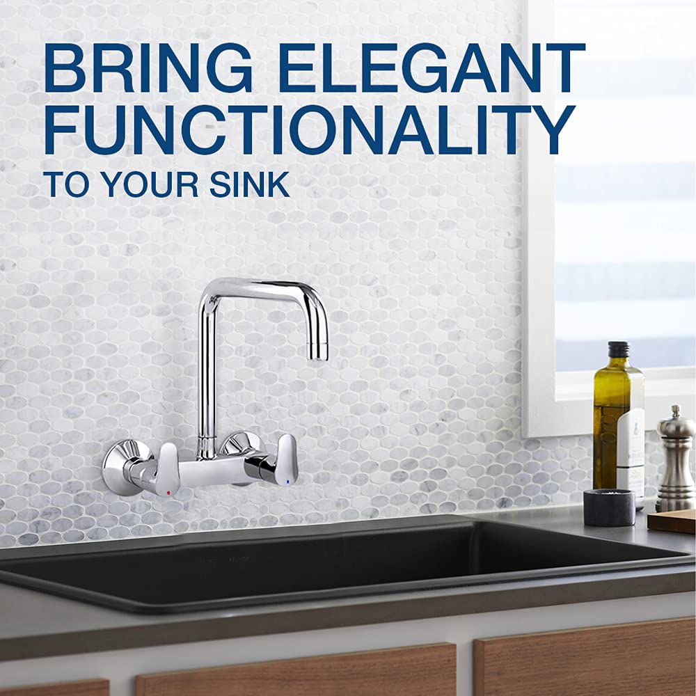 Kohler July Wall Mounted Kitchen Faucet – Polished Chrome Brass Sink Mixer with 360° Swivel High-Arc Spout & Dual Lever Hot/Cold Control