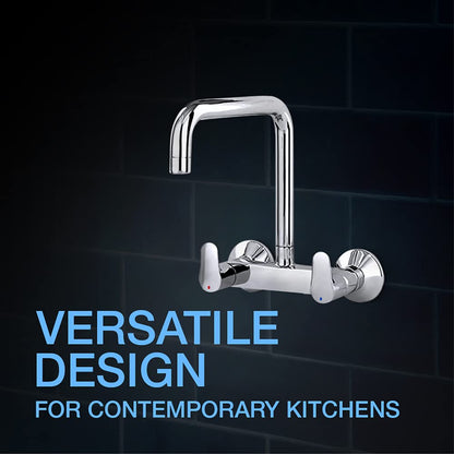 Kohler July Wall Mounted Kitchen Faucet – Polished Chrome Brass Sink Mixer with 360° Swivel High-Arc Spout & Dual Lever Hot/Cold Control