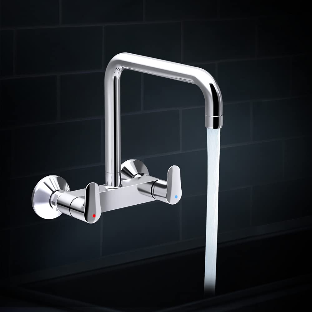 Kohler July Wall Mounted Kitchen Faucet – Polished Chrome Brass Sink Mixer with 360° Swivel High-Arc Spout & Dual Lever Hot/Cold Control