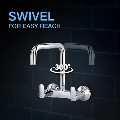 Kohler July Wall Mounted Kitchen Faucet – Polished Chrome Brass Sink Mixer with 360° Swivel High-Arc Spout & Dual Lever Hot/Cold Control