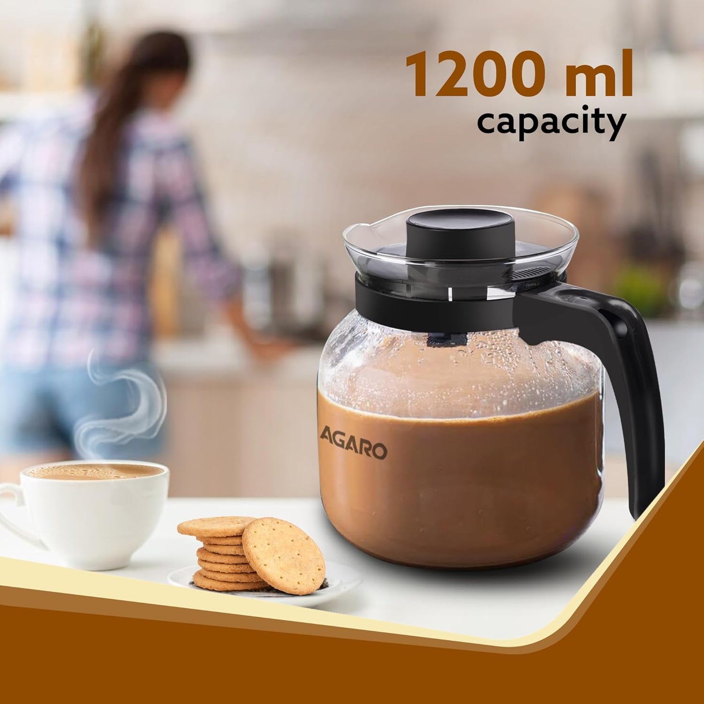 AGARO Elite 1200ml Borosilicate Glass Carafe with Strainer Lid | Microwave Safe, Heat Resistant, Transparent Glass Kettle