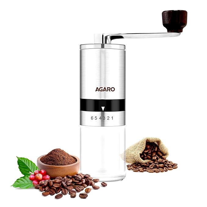 AGARO Elite Manual Coffee Grinder | Ceramic Burr Grinder with Glass Jar | 6 Adjustable Grind Settings | Stainless Steel Body | Hand Crank Coffee Mill for Espresso, Drip & Pour Over Coffee