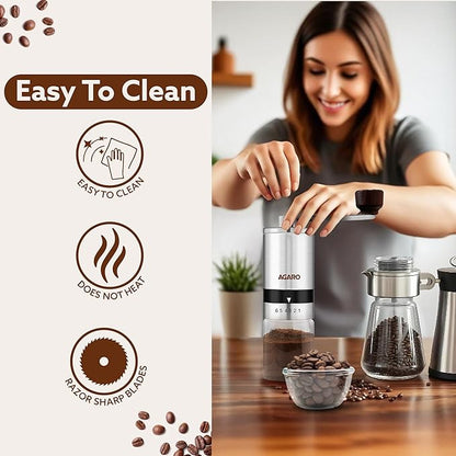 AGARO Elite Manual Coffee Grinder | Ceramic Burr Grinder with Glass Jar | 6 Adjustable Grind Settings | Stainless Steel Body | Hand Crank Coffee Mill for Espresso, Drip & Pour Over Coffee