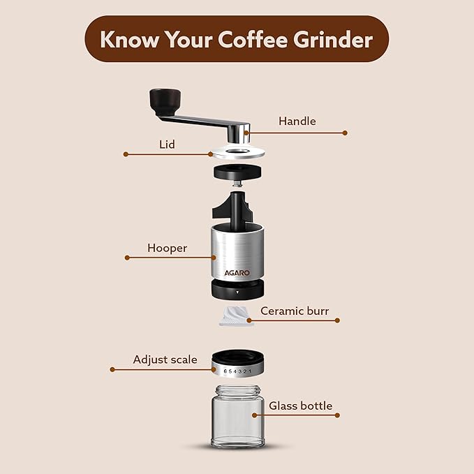 AGARO Elite Manual Coffee Grinder | Ceramic Burr Grinder with Glass Jar | 6 Adjustable Grind Settings | Stainless Steel Body | Hand Crank Coffee Mill for Espresso, Drip & Pour Over Coffee