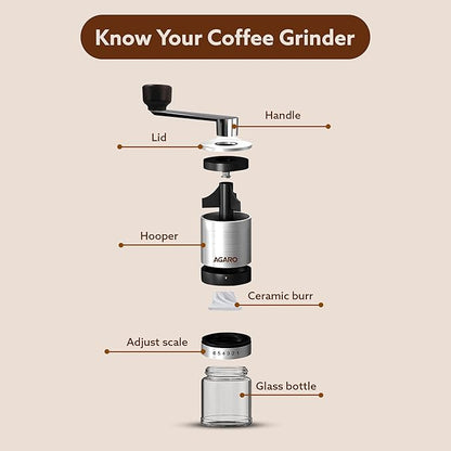 AGARO Elite Manual Coffee Grinder | Ceramic Burr Grinder with Glass Jar | 6 Adjustable Grind Settings | Stainless Steel Body | Hand Crank Coffee Mill for Espresso, Drip & Pour Over Coffee