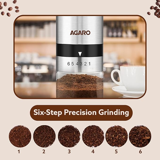AGARO Elite Manual Coffee Grinder | Ceramic Burr Grinder with Glass Jar | 6 Adjustable Grind Settings | Stainless Steel Body | Hand Crank Coffee Mill for Espresso, Drip & Pour Over Coffee