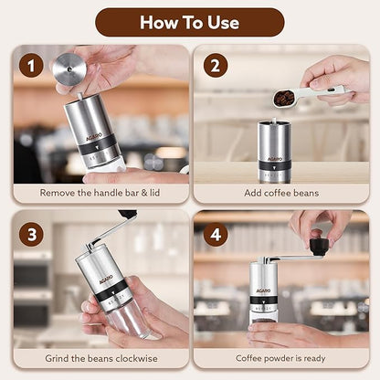 AGARO Elite Manual Coffee Grinder | Ceramic Burr Grinder with Glass Jar | 6 Adjustable Grind Settings | Stainless Steel Body | Hand Crank Coffee Mill for Espresso, Drip & Pour Over Coffee