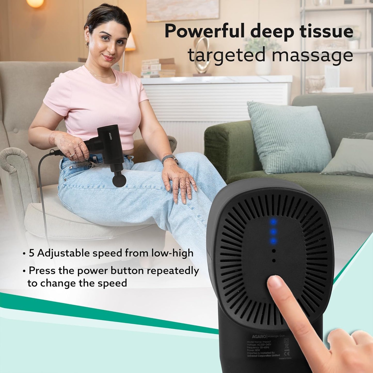 AGARO Impact Handheld Deep Tissue Massage Gun | 6 Massage Heads & 5 Speed Modes | Percussion Body Massager for Pain Relief, Muscle Recovery & Full Body Relaxation (Black)