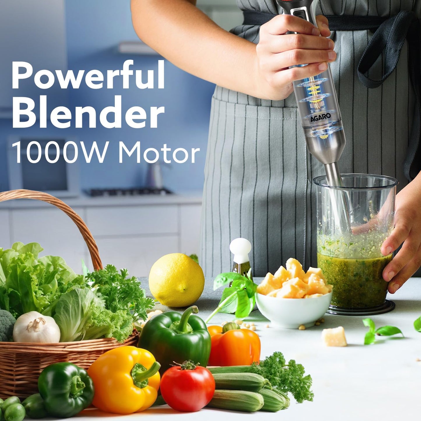 AGARO Grand 1000W Hand Blender with 2 Speed Modes & Speed Regulator – Powerful Stainless Steel Blades for Smooth Blending, Mixing & Pureeing (Black)