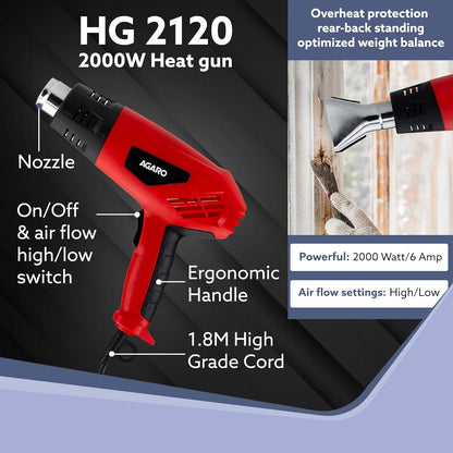 AGARO  Heat Gun 2000W HG2120, Dual Temperature and Air Flow Control with 4 Nozzle Attachments, Hot Air Gun Heating helps in Shrink Wrapping, Paint Removal, Wire Shrinking, Crafting