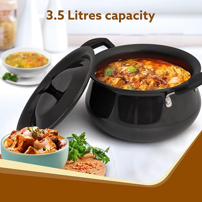 AGARO Elite 3.5L Hard Anodised Handi with Lid | 3mm Thick Biryani Pot | Durable, Non-Toxic Cookware | Gas Stove Compatible | Riveted Handle | 2 Year Warranty