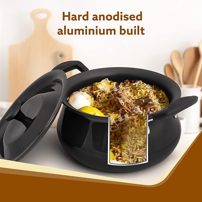 AGARO Elite 3.5L Hard Anodised Handi with Lid | 3mm Thick Biryani Pot | Durable, Non-Toxic Cookware | Gas Stove Compatible | Riveted Handle | 2 Year Warranty