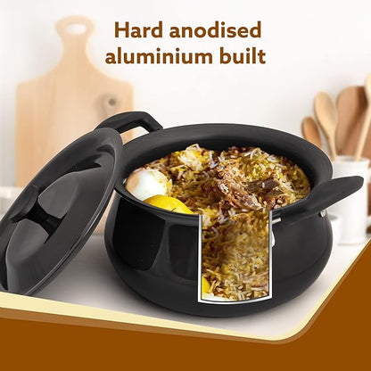 AGARO Elite 3.5L Hard Anodised Handi with Lid | 3mm Thick Biryani Pot | Durable, Non-Toxic Cookware | Gas Stove Compatible | Riveted Handle | 2 Year Warranty