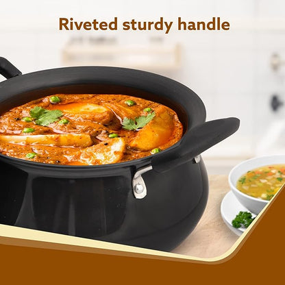 AGARO Elite 3.5L Hard Anodised Handi with Lid | 3mm Thick Biryani Pot | Durable, Non-Toxic Cookware | Gas Stove Compatible | Riveted Handle | 2 Year Warranty