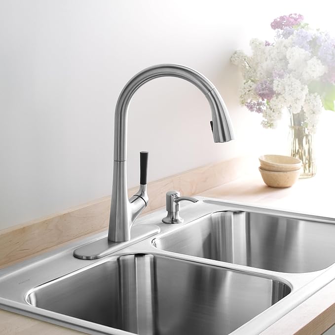 Kohler Malleco Pulldown Sink Tap for Kitchen – Vibrant Stainless Single Lever Kitchen Faucet with Pull-Down Spray, Soap Dispenser & 360° Swivel Spout