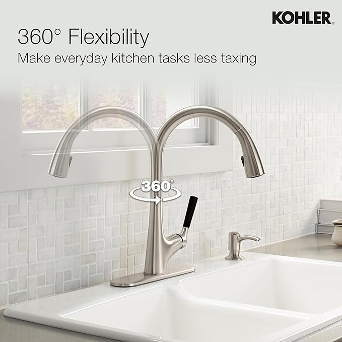 Kohler Malleco Pulldown Sink Tap for Kitchen – Vibrant Stainless Single Lever Kitchen Faucet with Pull-Down Spray, Soap Dispenser & 360° Swivel Spout