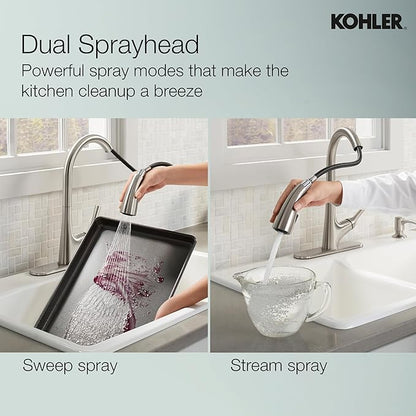 Kohler Malleco Pulldown Sink Tap for Kitchen – Vibrant Stainless Single Lever Kitchen Faucet with Pull-Down Spray, Soap Dispenser & 360° Swivel Spout
