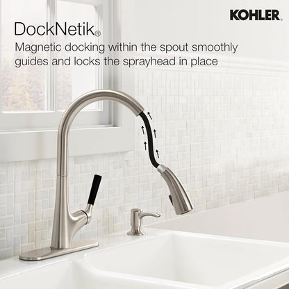 Kohler Malleco Pulldown Sink Tap for Kitchen – Vibrant Stainless Single Lever Kitchen Faucet with Pull-Down Spray, Soap Dispenser & 360° Swivel Spout